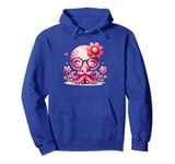 Blue Background, Cute Blue Octopus Daisy Flower Sunglasses Pullover Hoodie