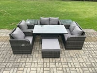 Wicker PE Rattan Furniture Garden Dining Set Outdoor Height Adjustable Rising lifting Table Love Sofa Chair