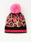 V by Very Girls Leopard Single Pom Beanie Hat - Pink, Pink, Size 6-10 Years