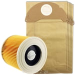 KARCHER Wet & Dry Vacuum Hoover Filter Cartridge + 5 Pk Dust Bags WD2200 WD2240