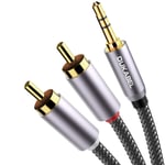 DuKabel Top Series Long RCA Cables (16 Feet / 5 Meters), RCA to 3.5mm 2-Male RCA to AUX Audio Cable Crystal-Nylon Braided/ 24K Gold Plated/ 99.99% 4N OFC Conductor