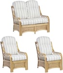 Desser Vale Conservatory Furniture Sofa & Chair Set Wicker Fully Assembled – Cane Natural Rattan with UK Manufactured Cushions in Linen Taupe Fabric – Settee & 2x Armchairs