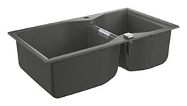 GROHE K700 - Quartz Composite Double Kitchen Sink (Top Mount, Overflow and Automatic Waste Fitting with Rotary Handle, 1 Bowl 465x443x230 mm, 2 Bowl 315x443x230 mm), 90 x 50 cm Granite Gray, 31658AT0