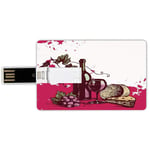 16G USB Flash Drives Credit Card Shape Wine Memory Stick Bank Card Style Vintage Sketchy Artwork Cheese Alcoholic Drink Fruit Abstract Design Decorative,Hot Pink Olive Green Cream Waterproof Pen Thumb
