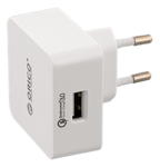 Orico USB-väggladdare med Quick Charge 3.0, 18W max, 3A, 1xUSB Typ A, 100-240V DC input, vit