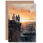 Rooftop Romance Sunset Blue Anniversary Valentines Day Love Blank Greeting Card
