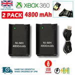 2 x For Xbox 360 Controller Battery Pack Rechargeable 4800mAh with USB Cable