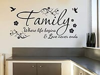 Family Wall Quote Where Life Begins & Love Never Ends Wall Sticker Vinyl Wall Art Quote Home Decal Black Small 57cm wide x 27cm high