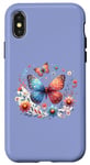 Coque pour iPhone X/XS Illustration inspirée de la nature avec papillon coloré et floral bleu