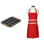 Le Creuset Toughened Non-Stick Bakeware 12 Cup Mini Muffin Tray with Textiles Chefs Apron, Red