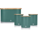 Swan Nordic Bread Bin and Set of 3 Tea Coffee and Sugar Canisters Set Pine Green