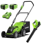 Greenworks Lawnmower G40LM35 and Leaf Blower G40AB (Li-Ion 40V 35 cm Cutting Width 500 m² 40l Grass Collector) 177 km/h Air Speed Speed Speed Control with 2 Batteries 2 Ah & Charger