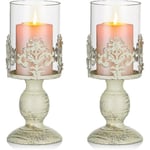 2 st Vintage Metall Pelare Ljusstake Antik Orkan Ljusstake Med Glas Skärm Skydd Accent Display För Hem Bröllop Ljusmiddag Dekor