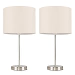 Pair of - Modern Standard Table Lamps in a Brushed Chrome Metal Finish with a Beige Cylinder Shade - Complete with 4w LED Candle Bulbs [3000K Warm White]