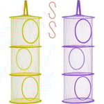 Vikbart hängande nät Space Saver Bags Organizer, fack Hängande gosedjursförvaring för barn, 2pack (3-vånings-gul och lila)
