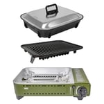Amig - Réchaud a Gaz BBQ01K, Cuisine Portable, Kit Réchaud Grill - Grille en Fonte d'Aluminium et Plancha avec Couvercle de Cuisson, Plateau Ramasse-Graisse en Acier Inoxydable, 1,8 kW