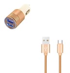Pack Voiture pour Samsung Galaxy S20 FE (Cable Chargeur Metal Type C + Double Adaptateur Allume Cigare) Android (Or)