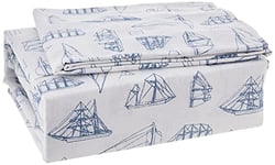 Nautica - Draps pour très Grand lit, Parure de lit en Percale de Coton, Gracieuse et fraîche, décoration d'intérieur côtière (Voile de Bois Blanc, Bleu, très Grand lit)