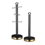Tower T826092BLK Empire Mug Tree and Towel Pole Set, Stainless Steel, Anti-Slip, Black and Brass