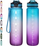 NAVTUE 1L Water Bottle with Straw, Sports Drinks Bottle with Time Markings, Leak