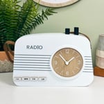 Radio Table Clock White Wood Retro Home Office Desk Novelty Shelf Decor Battery
