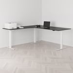 Höj och sänkbart hörnskrivbord, vänstersvängt, vitt stativ, svart bordsskiva 200x200cm