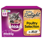 48 X 85g Whiskas Pure Delight 2-12 Mos Kitten Food Pouches Mixed Poultry Jelly