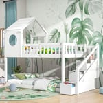 Lit cabane enfant 90x200 cm, lit superposé avec armoire trapézoïdale en pin, sommier à lattes, lit double style moderne blanc - Blanc