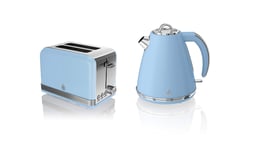 Swan, STP7040BLN, Retro 1.5L Jug Kettle & 2 Slice Toaster, Stainless Steel Body, 3kw, Slide Out Crumb Tray, Auto-Centering, (Blue)
