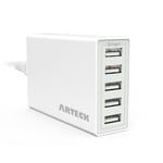 Arteck S8010 40W 5-Port 8A High Speed Multiple USB Charger with Smart Technology for iPhone 13, 13 Pro, 13 Pro Max, iPhone 12, iPhone 11, iPhone Mini, Xs, Max, Xr, iPad, Samsung and other Smartphone, Tablet