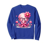 Blue Background, Cute Blue Octopus Daisy Flower Sunglasses Sweatshirt