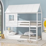 Modernluxe - Lit superposé lit cabane enfant en bois 90x200 cm, lit enfant avec toit, fenêtre, échelle et sommier à lattes, Blanc