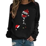 Jul Kvinnor Långärmad T-shirt Xmas Print Casual Loose Tops Blus Black L