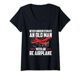 Womens Old Man with Model Plane Remote Controlled Model Plane V-Neck T-Shirt