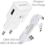 Chargeur Rapide USB Original 2A + Câble Long Universel Pour SAMSUNG Galaxy S10e - S10+ - S10 - S9 + - S8+ - S8 - S7 Edge - S... et +