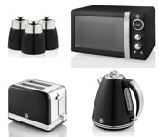 Swan Retro Black Jug Kettle 2 Slice Toaster Microwave & Canisters Kitchen Set