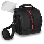 PEDEA Camera Bag for Sony Alpha 7R, Alpha 7s, SLT-A57, SLT-A77V / Panasonic Lumix DMC-FZ72 / Olympus E-M5 OM-D (Size M, black/red) includes screen protector