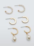 John Lewis Faux Pearl and Crystal Mini Half Hoop Earrings, Set of 3 Pairs, Gold