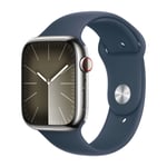Apple Watch Series 9 GPS + Cell 45 mm sølvfarvet Rustfrit stål urkasse med Stormblå sportsrem - M/L