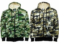 Mens Army Fur Lined Military Camo Camouflage Zip Hoodie Hooded Jacket Top M-xxl