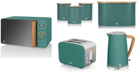 Swan Nordic Green Kettle 2 Slice Toaster Microwave Bread Bin Canisters Set of 7