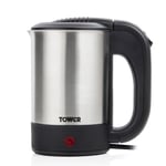 Tower T10026 Travel Kettle with Two Cups, Boil Dry Protection, Dual Voltage, Concealed Heating Element, Compact and Lightweight, Stainless Steel, 0.5 Litre, 1000 W, Silver