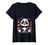 Womens Panda Heart Glasses Cute Valentines Day Bear Animal V-Neck T-Shirt