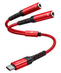 JSAUX Adaptateur USB C vers Jack 3,5 mm, Splitter USB C vers Double Jack Écouteur Câble Prise Casque Audio Splitter Compatible avec iPhone 16/15 Pro Max, MacBook, iPad, Galaxy S24/S23-Rouge
