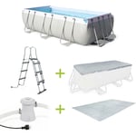 Kit grande piscine tubulaire - Topaze grise - piscine rectangulaire 4x2m avec pompe de filtration. bâche de protection. tapis de sol et échelle.