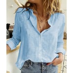 Kvinnors linneskjortor Casual enfärgad knapphål blusar skjorta sommartoppar en bästa present blå Blue XL