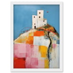 House on the Hill Oil Painting Abstract Geometric Patchwork Palette Knife Pastel Colour Rural Landscape Artwork Framed Wall Art Print A4