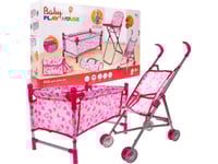 Tillbehörsset För Babydockor 3+ Babyvård + Barnvagn + Matstol + Spjälsäng + 2 Väskor