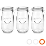 Heart Glass Storage Jars 1.5 Litre Clear Seal Pack of 3
