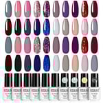 24 Färger UV Gel Nagelfärg Set, Nakenfärg Svart Röd Rosa Grön Lila Grå Glitter Nagelfärg 7ML, med 2 Baslack 1 Topplack 1 Matt Topplack, Blötlägg UV LED